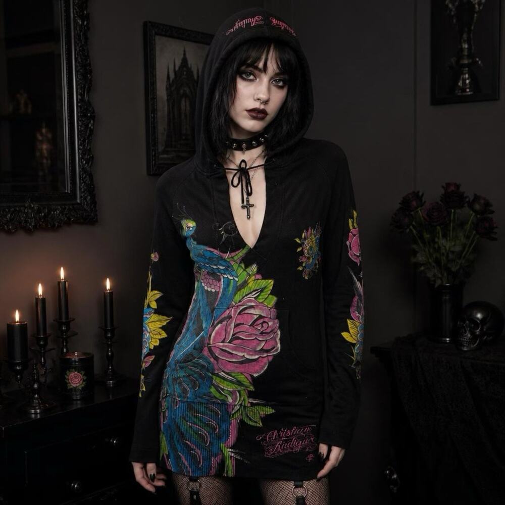 Christian Audigier Women L Black Pullover Hoodie Rhinestone Roses Whimsigoth Y2K